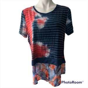 Short Sleeve Striped Tie Dye Top wish Shirt Tail Hem by designer Simon Chang